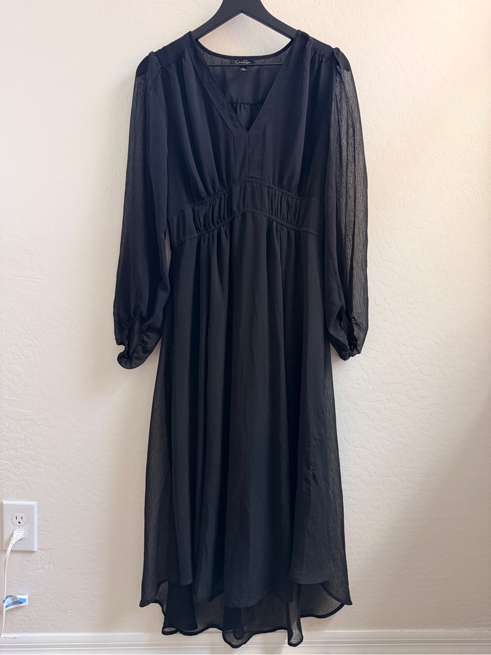 Jessica Simpson Black V-Neck Midi Dress with Sheer Sleeves
